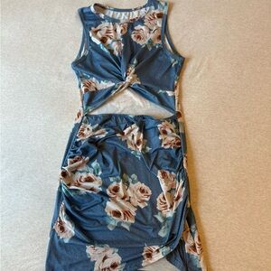 Floral Sleeveless Twist Front Dress - Blue and Cream